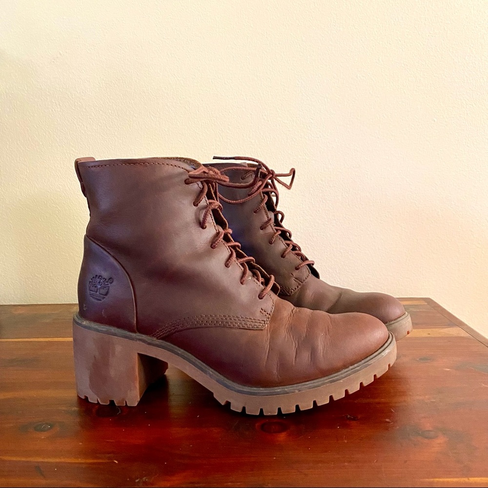 TIMBERLAND Cognac Leather Lace Up Chunky Heel Boots